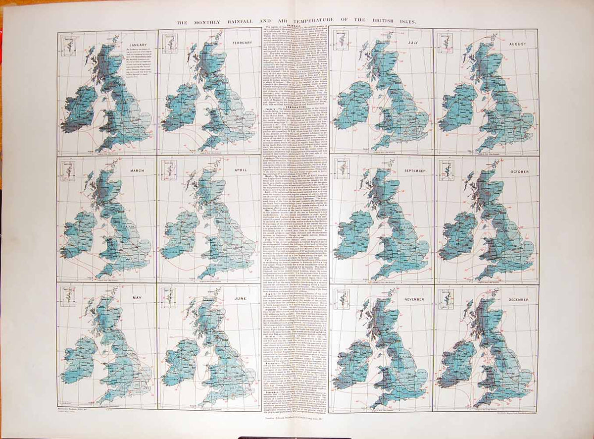 Original Old Antique Print Stanford Map 1904 Rainfall Air Temperature Britain