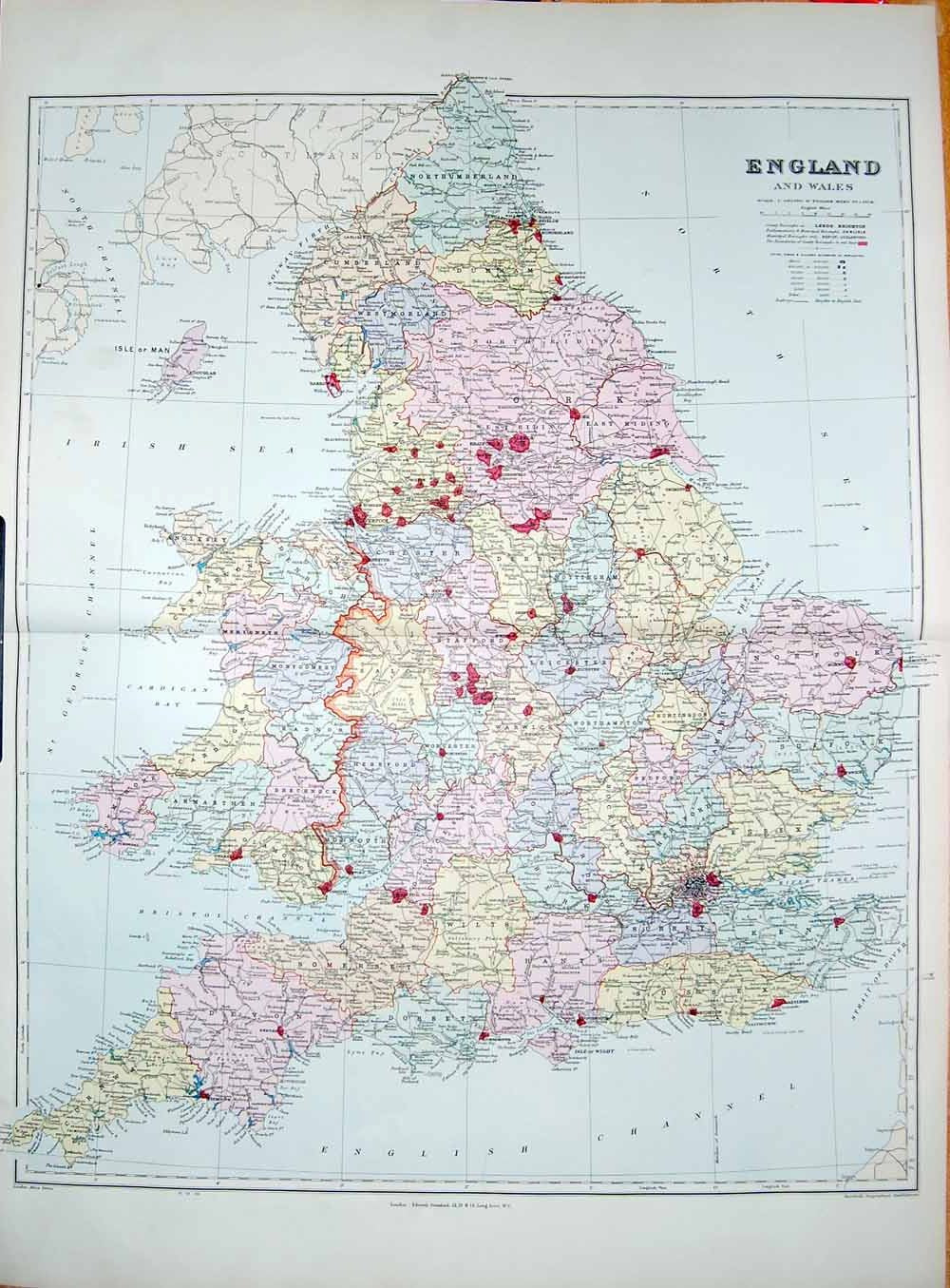 Original Old Antique Print Stanford Map 1904 England Wales Isle Man Dover Wight