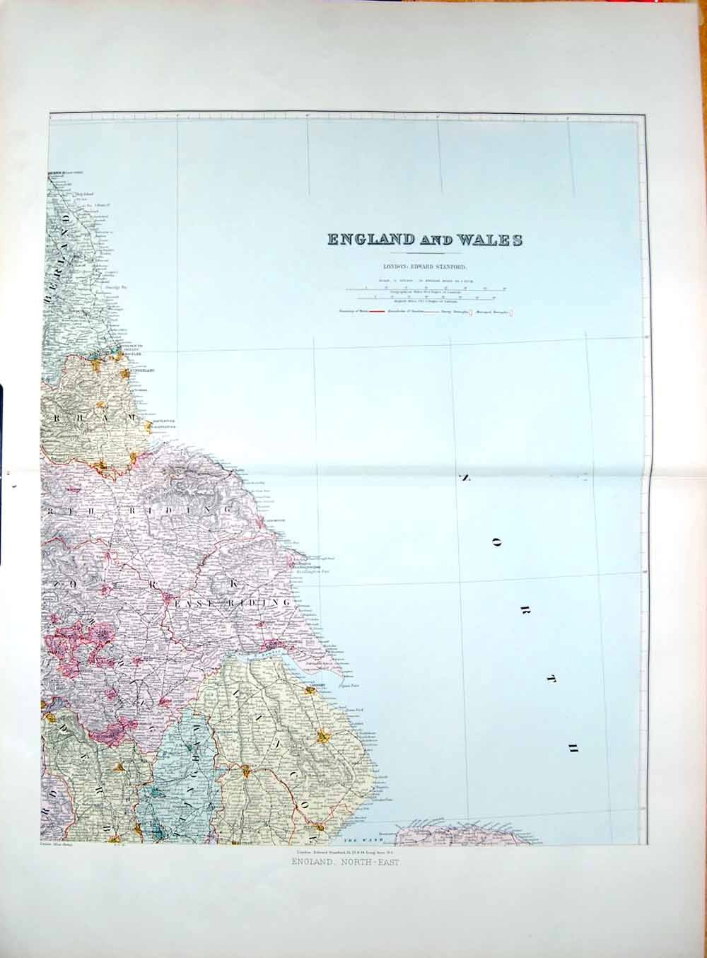 Original Old Antique Print Stanford Map 1904 North East England Hull Scarborough