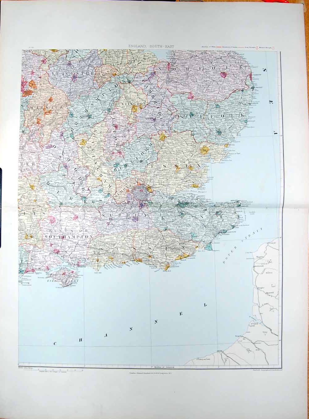 Old Antique Print Stanford Map 1904 South East England Dover Beachy Head 20th