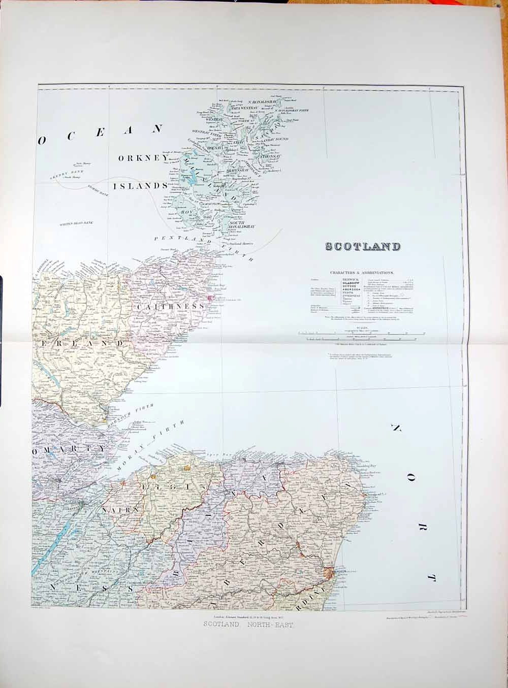Old Antique Print Stanford Map 1904 North East Scotland Orkney Caithness 20th