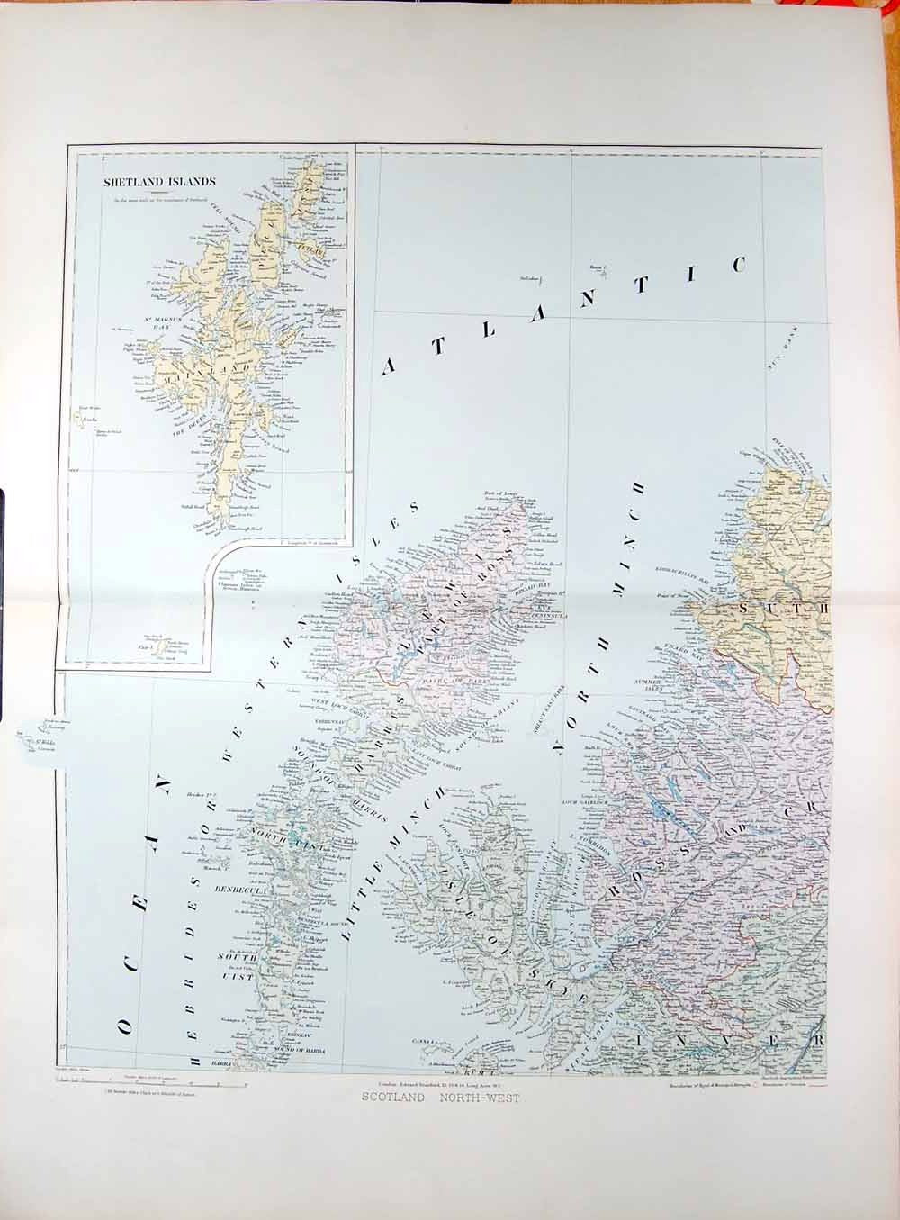 Original Old Antique Print Stanford Map 1904 North West Scotland Shetland Harris