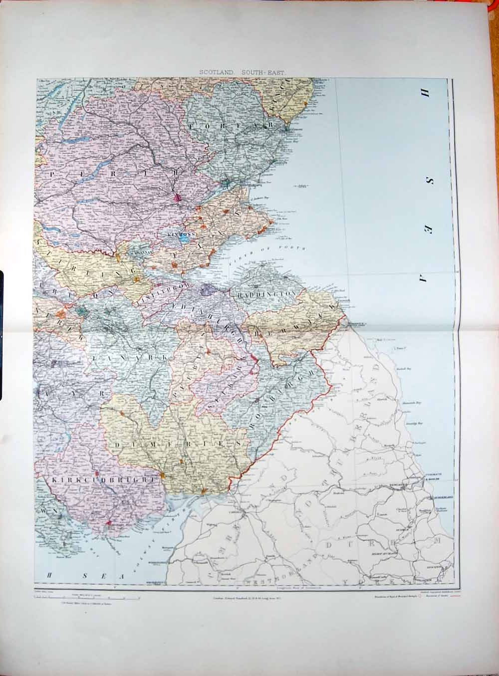 Original Old Antique Print Stanford Map 1904 South East Scotland Firth Forth