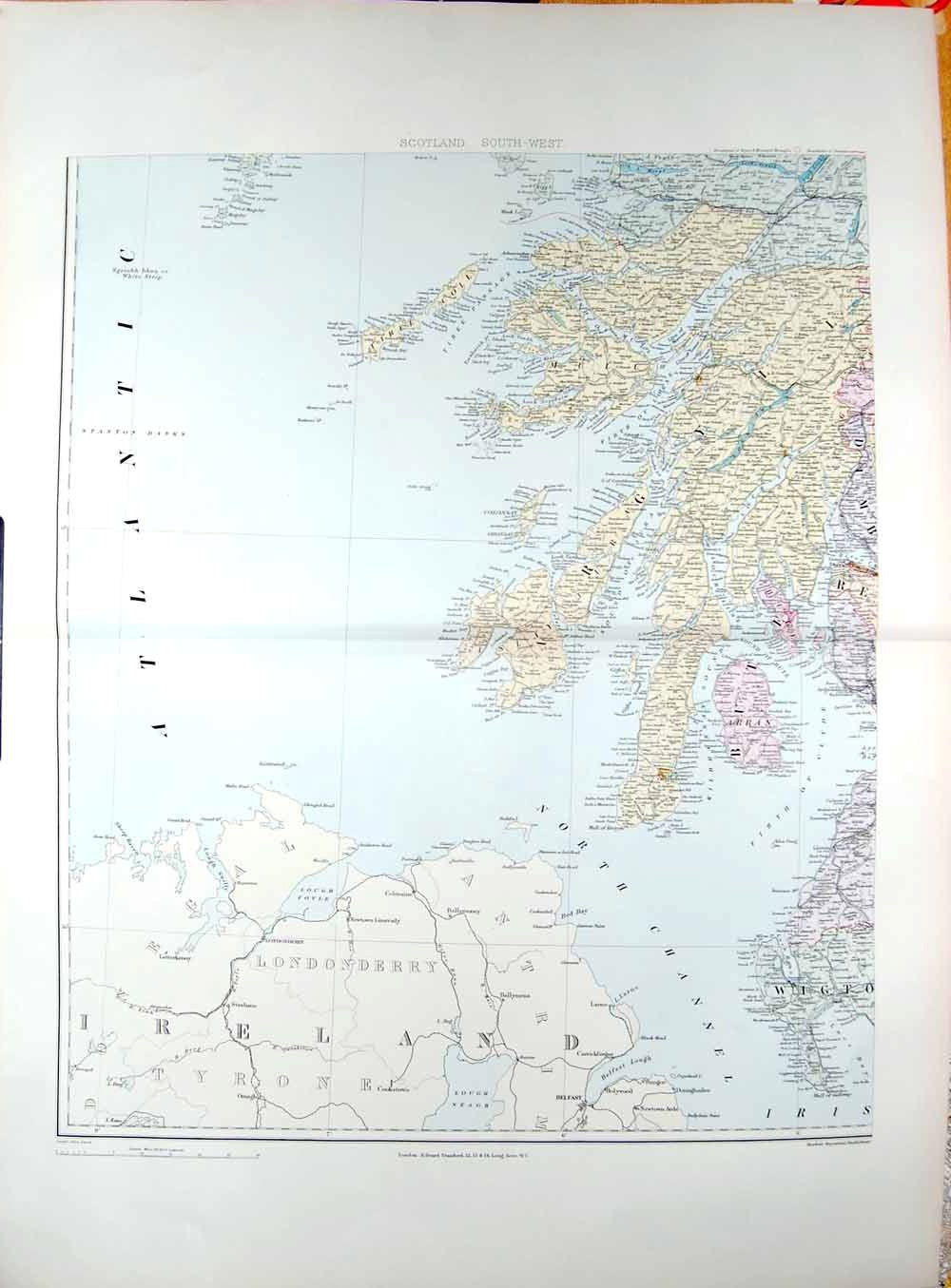 Old Antique Print Stanford Map 1904 South West Scotland Arran Campbeltown 20th
