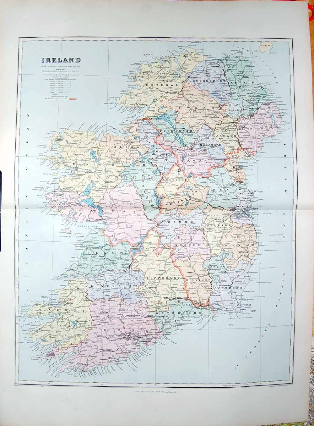 Old Antique Print Stanford Map 1904 Ireland Tyrone Armagh Donegal Antrim 20th