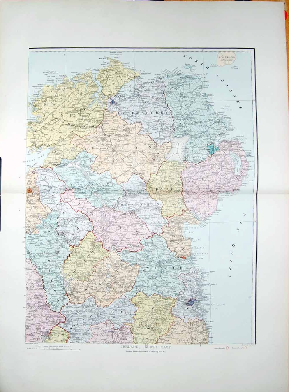 Original Old Antique Print Stanford Map 1904 North East Ireland Dundalk Dublin