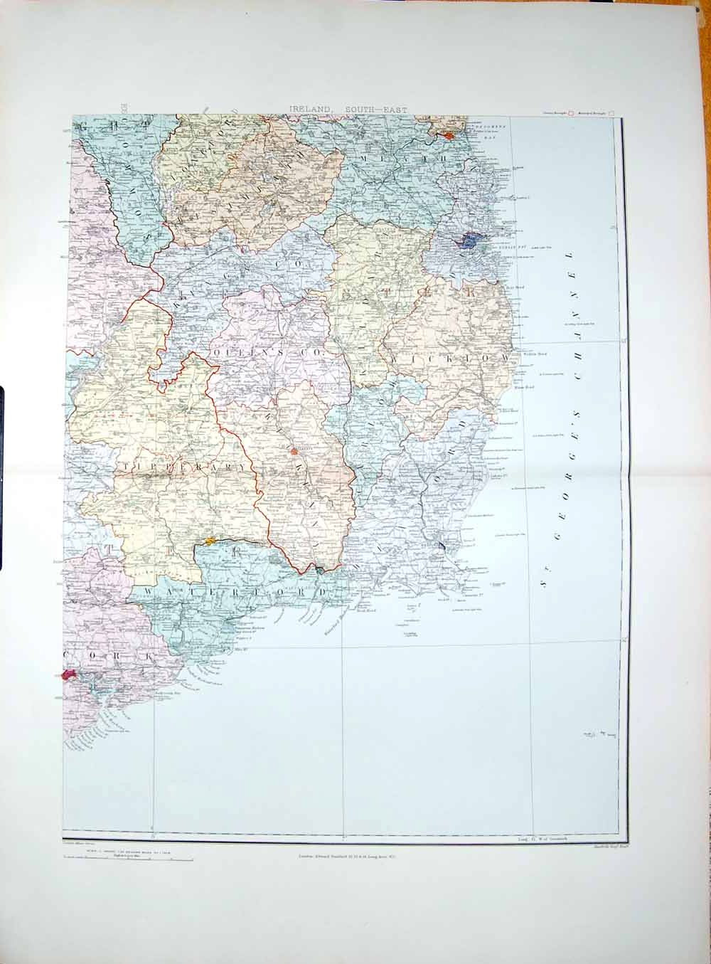 Original Old Antique Print Stanford Map 1904 South East Ireland Kilkenny Wexford