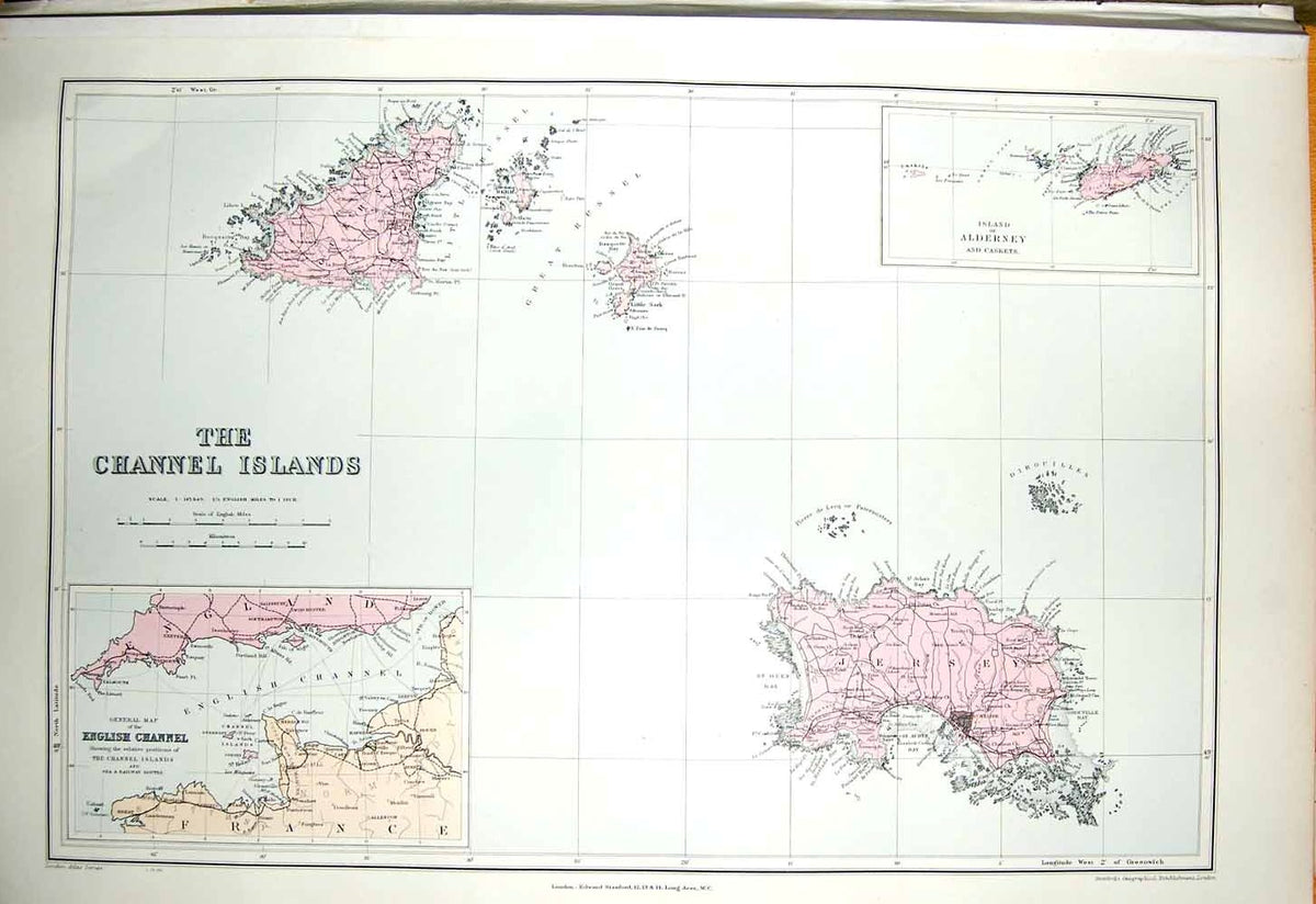 Original Old Antique Print Stanford Map 1904 Channel Islands Jersey Guernsey