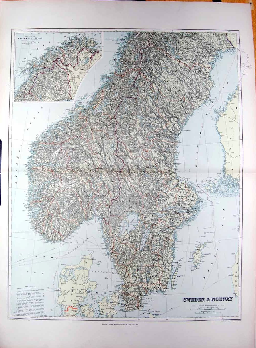 Original Old Antique Print Stanford Map 1904 Sweden Norway Gotland Arctic Circle