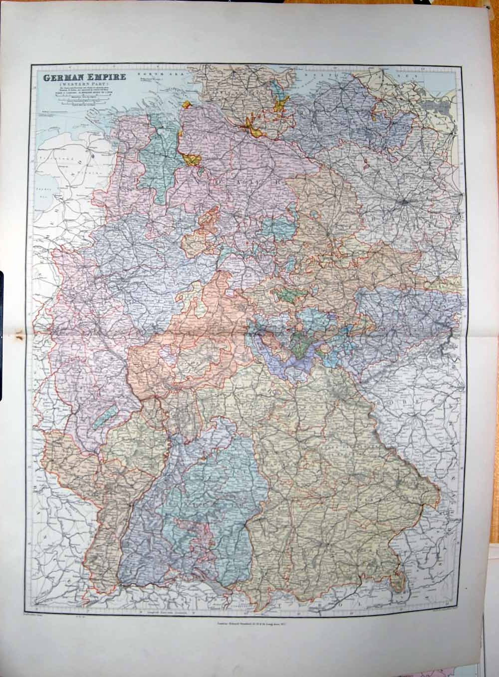 Original Old Antique Print Stanford Map 1904 German Empire Hannover Wurtemberg