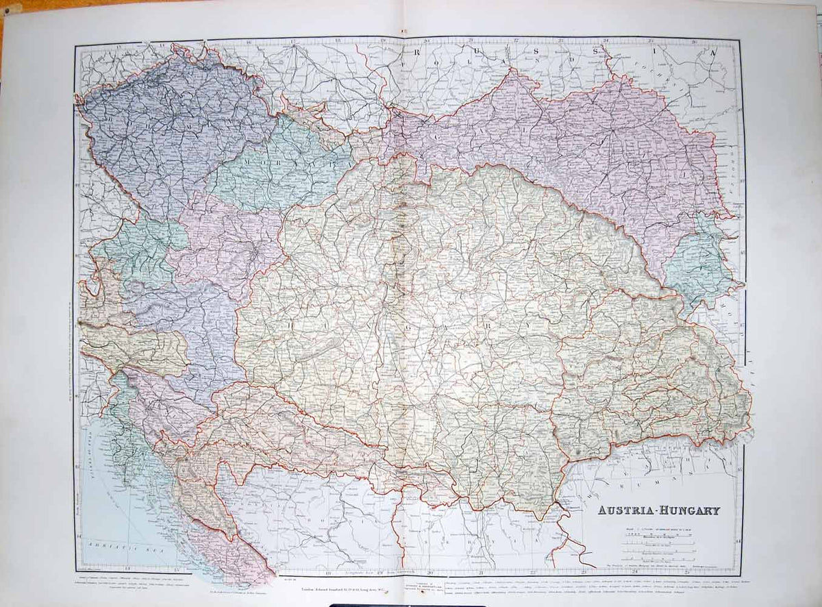 Original Old Antique Print Stanford Map 1904 Austria Hungary Bohemia Europe 20th