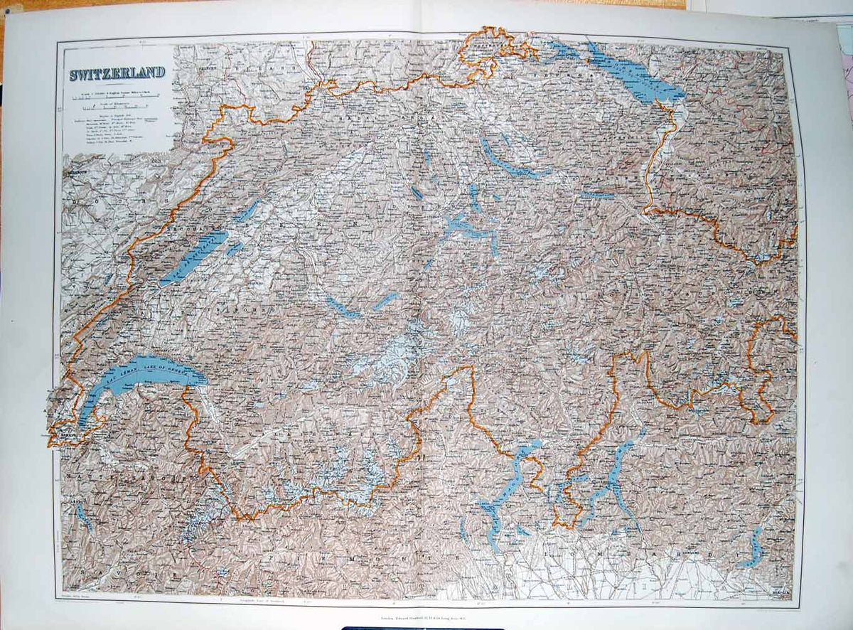 Original Old Antique Print Stanford Map 1904 Switzerland Bern Alps Maggiore Como