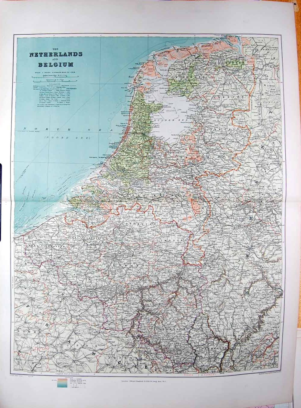 Original Old Antique Print Stanford Map 1904 Netherlands Belgium Amsterdam Koln