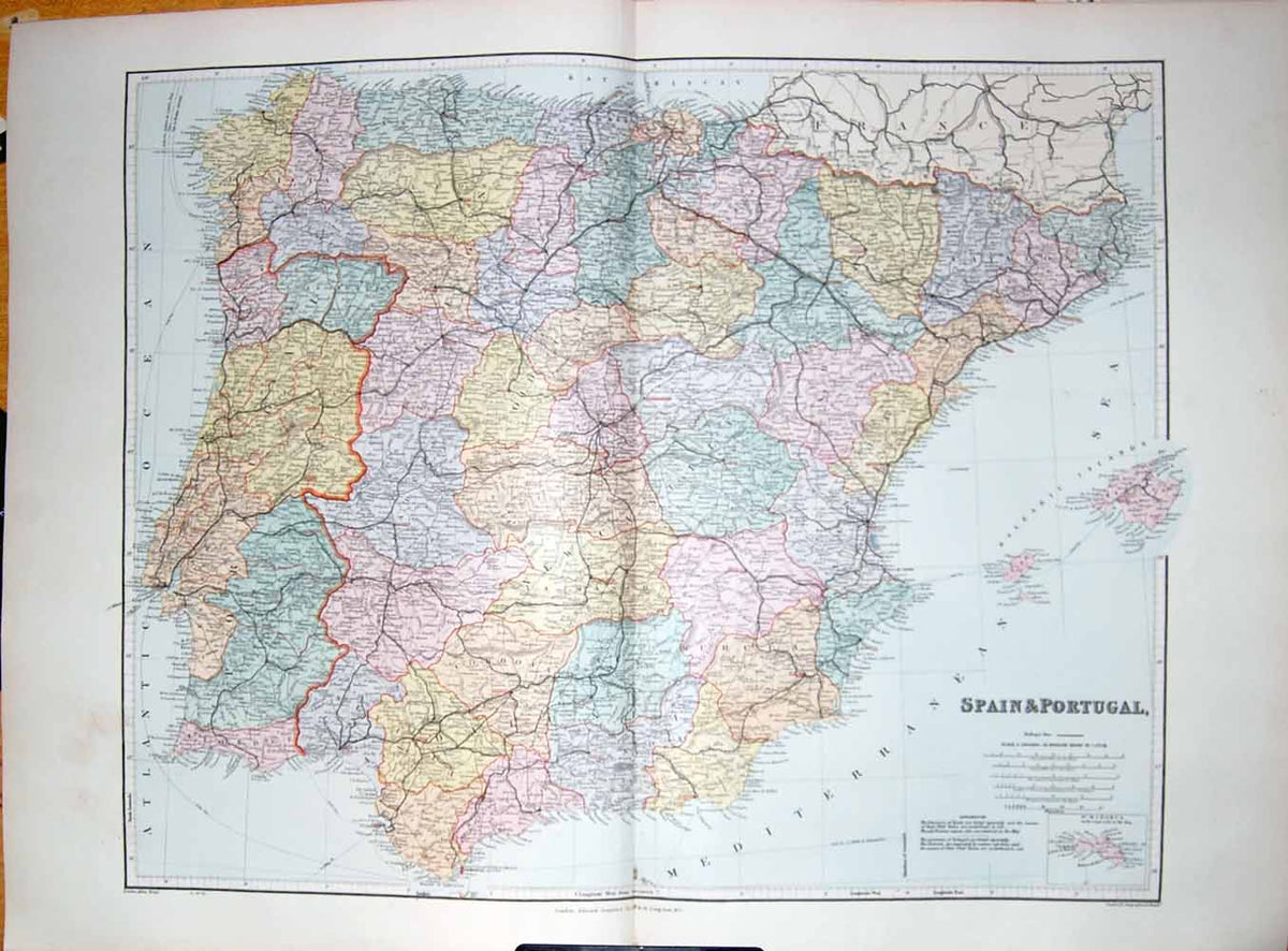 Original Old Antique Print Stanford Map 1904 Spain Portugal Gibraltar Ibiza 20th