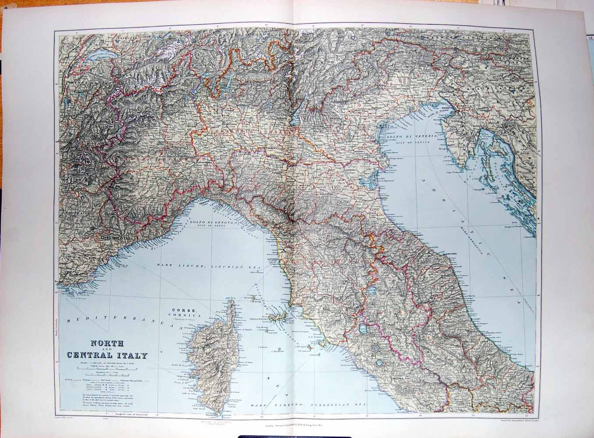 Original Old Antique Print Stanford Map 1904 North Italy Corsica Rome Genova