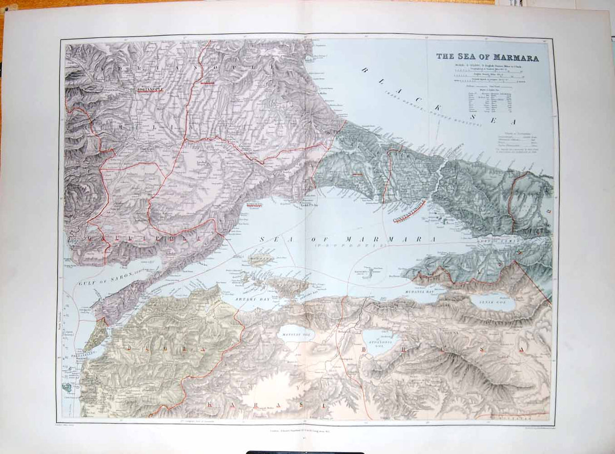 Original Old Antique Print Stanford Map 1904 Sea Marmara Constatinople Bigha
