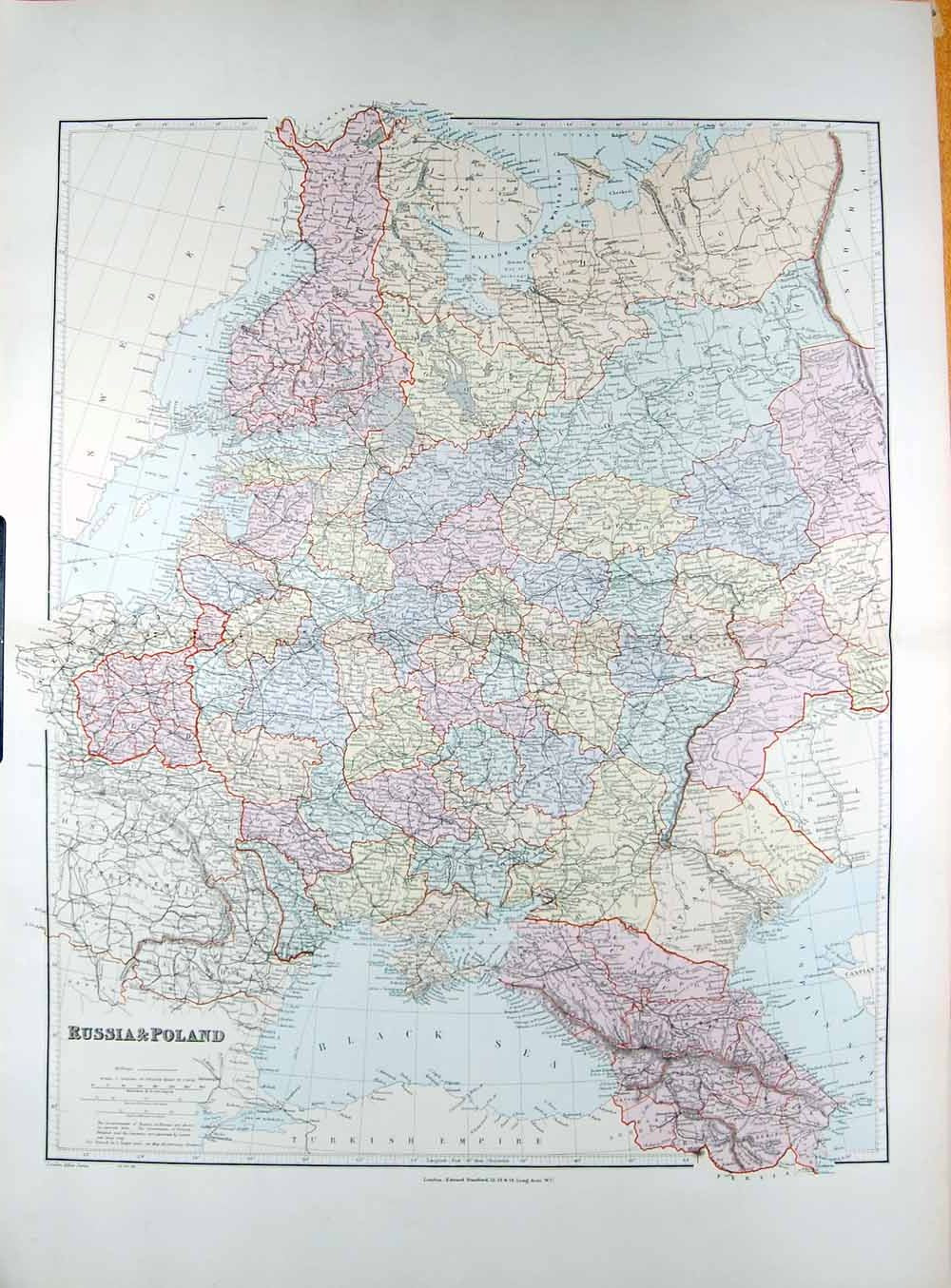 Old Antique Print Stanford Map 1904 Russsia Poland Baltic Black Sea Azov 20th
