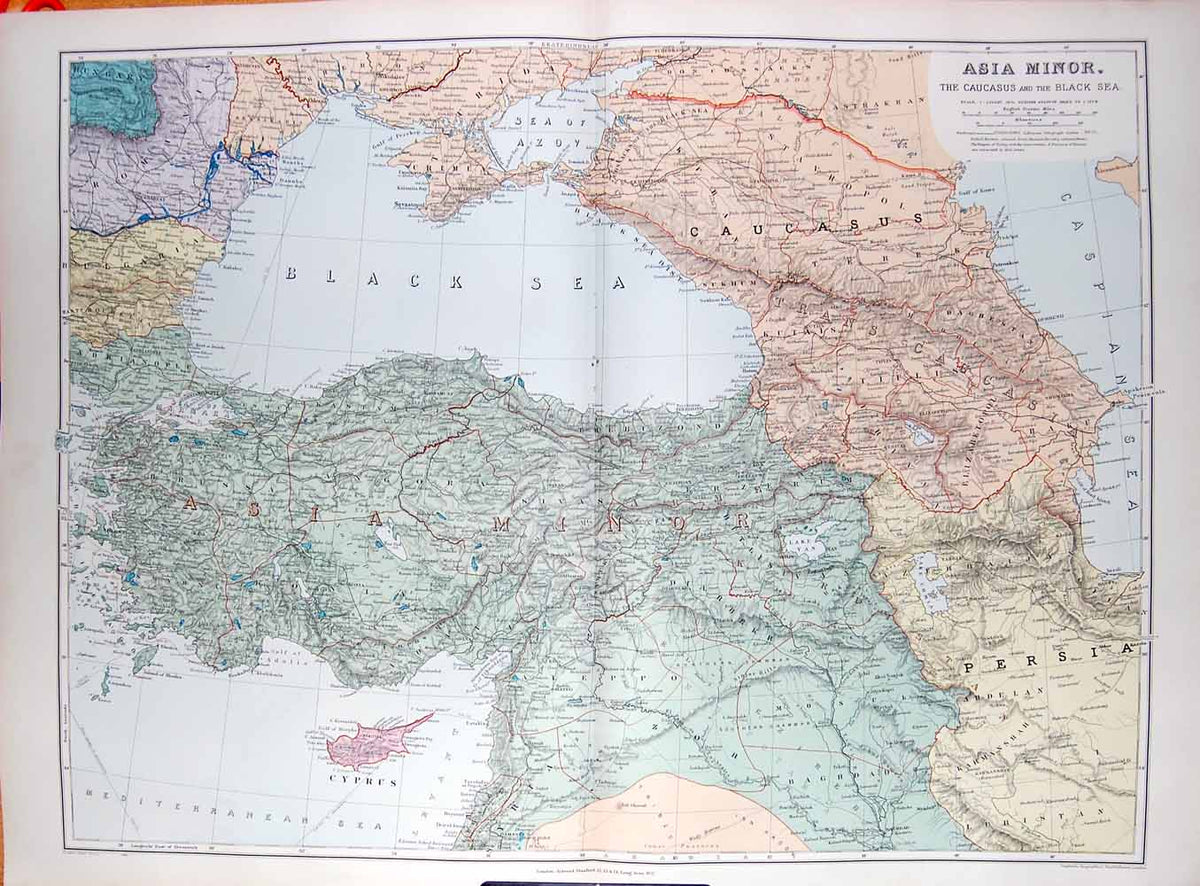 Original Old Antique Print Stanford Map 1904 Asia Minor Black Sea Cyprus Persia