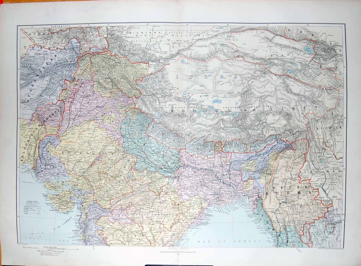 Original Old Antique Print Stanford Map 1904 North India Rajpoo Bombay Burma