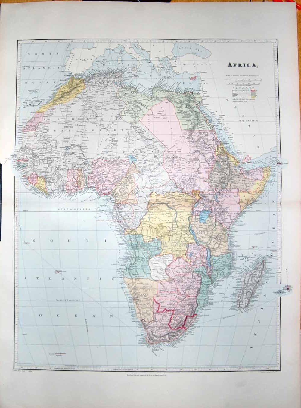 Original Old Antique Print Stanford Map 1904 Africa Madagascar Cape Good Hope