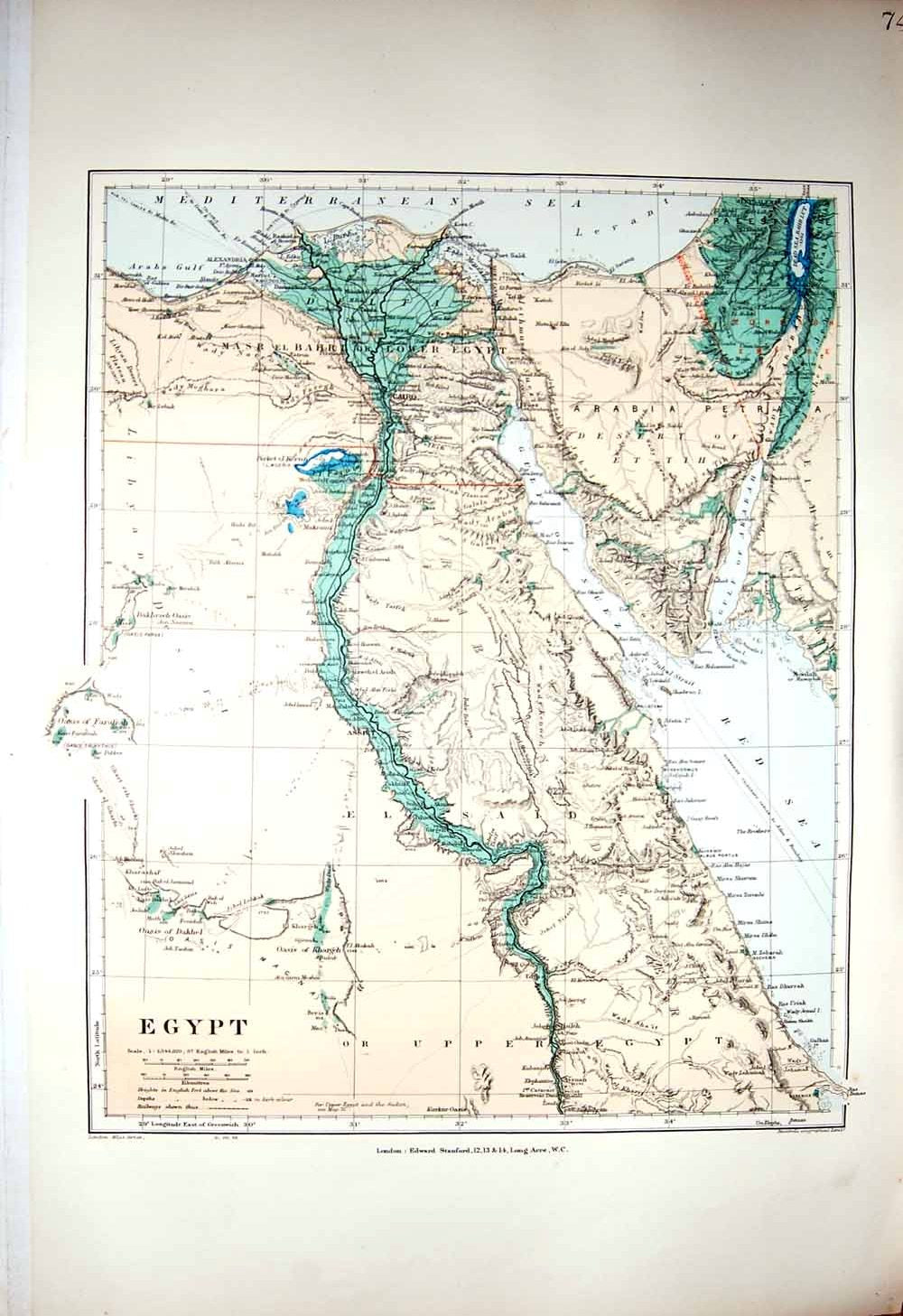 Original Old Antique Print Stanford Map 1904 Egypt Cairo Gulf Suez Red Sea Said