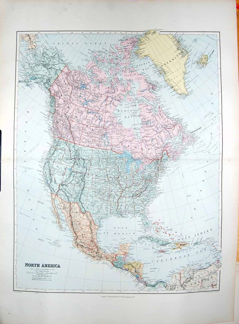 Original Old Antique Print Stanford Map 1904 North America Canada Greenland 20th