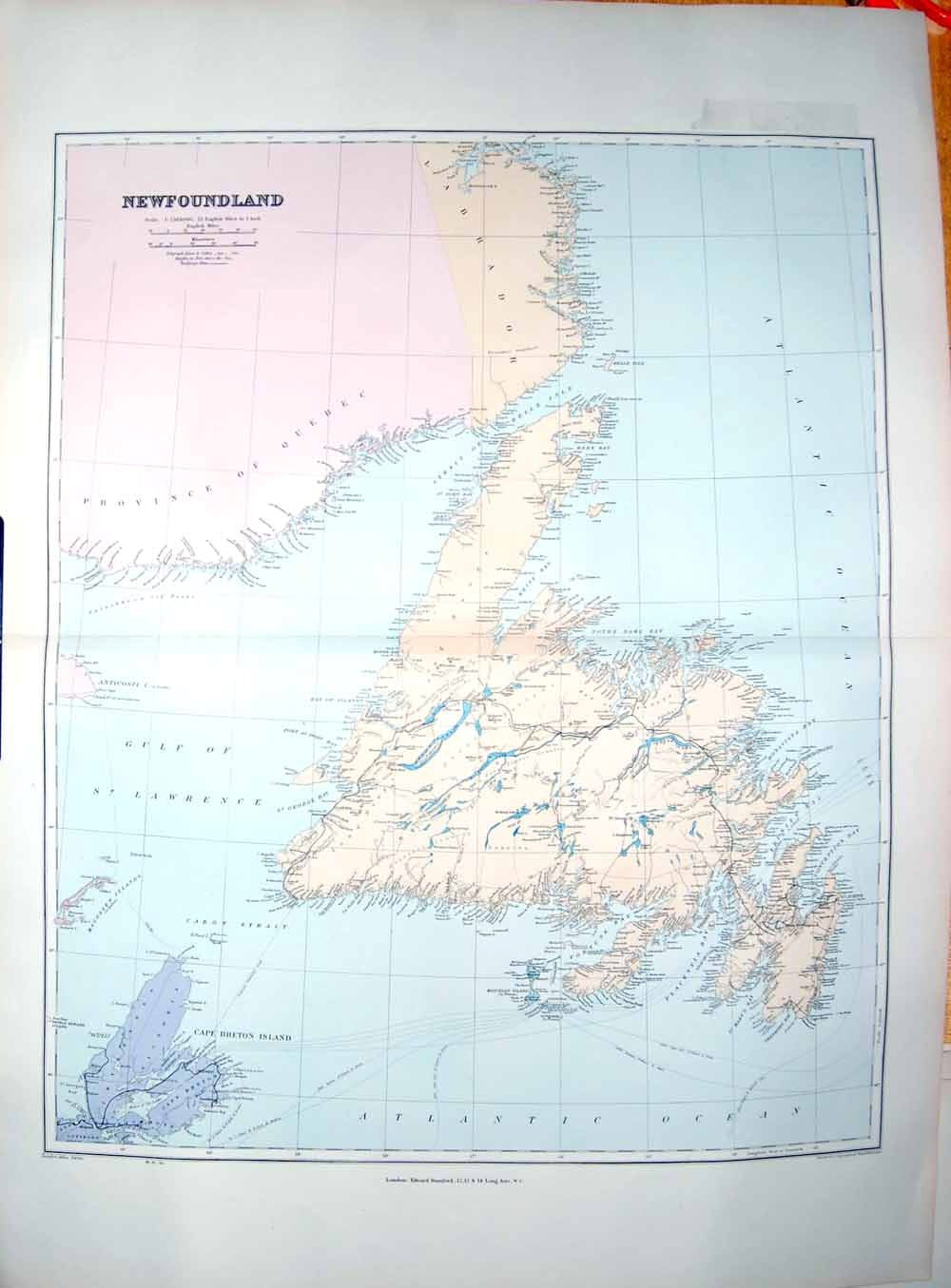 Original Old Antique Print Damaged Stanford Map 1904 Newfoundland Cape Breton