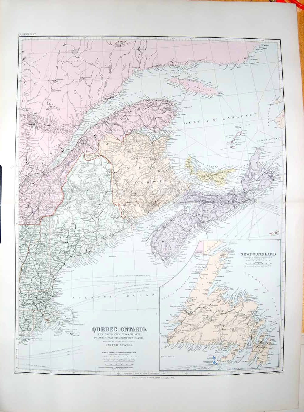 Original Old Antique Print Stanford Map 1904 Canada Quebec Ontario Newfoundland