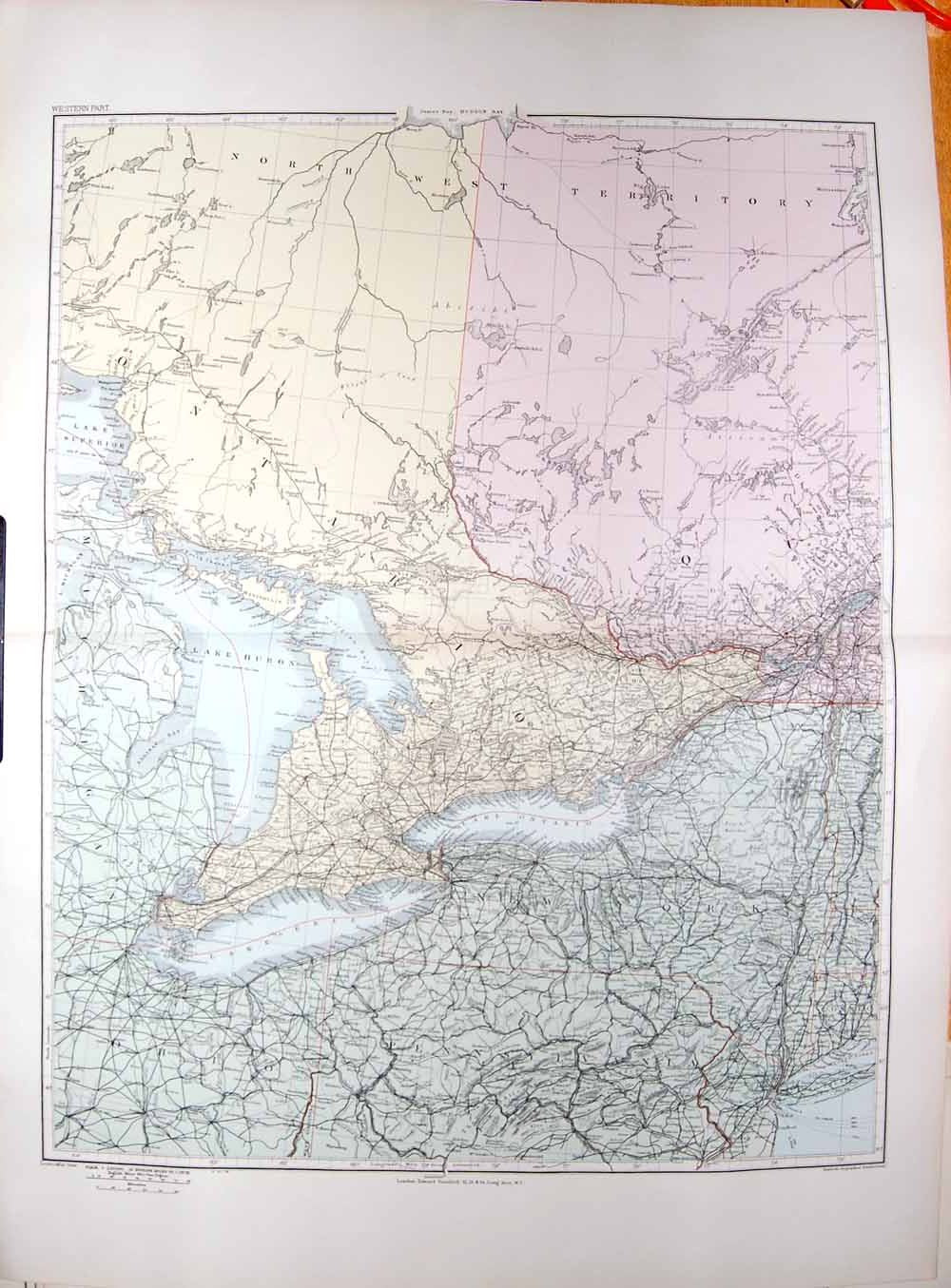 Original Old Antique Print Stanford Map 1904 Canada Ontario Lake Huron Erie 20th