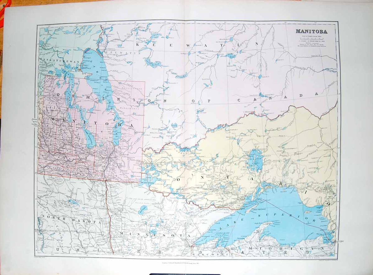 Original Old Antique Print Stanford Map 1904 Manitoba Ontario Canada Superior