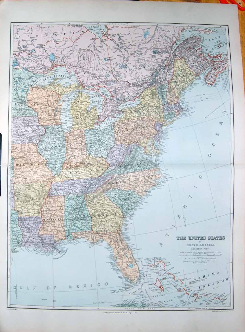 Original Old Antique Print Stanford Map 1904 North America Florida Nova Scotia