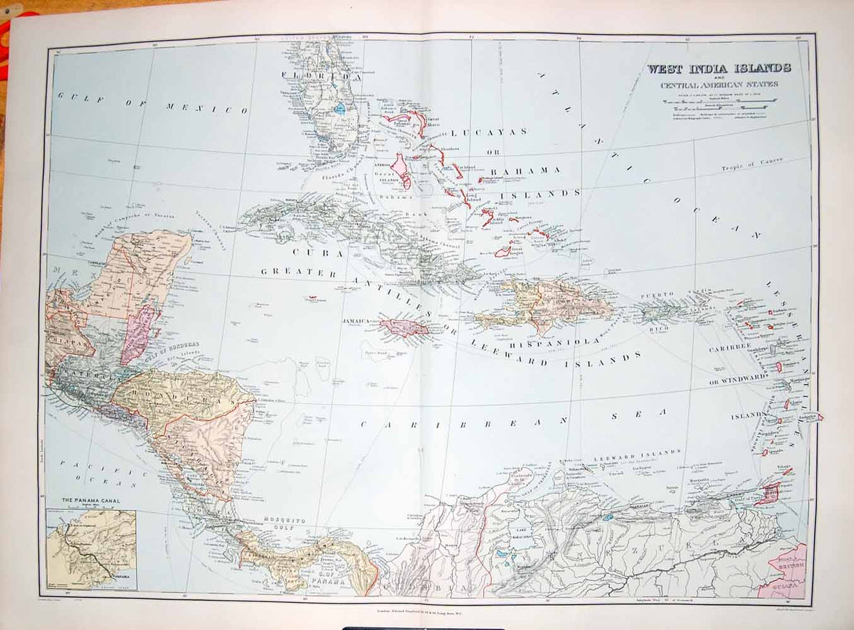 Old Antique Print Stanford Map 1904 West India Islands Panama Canal Cuba 20th