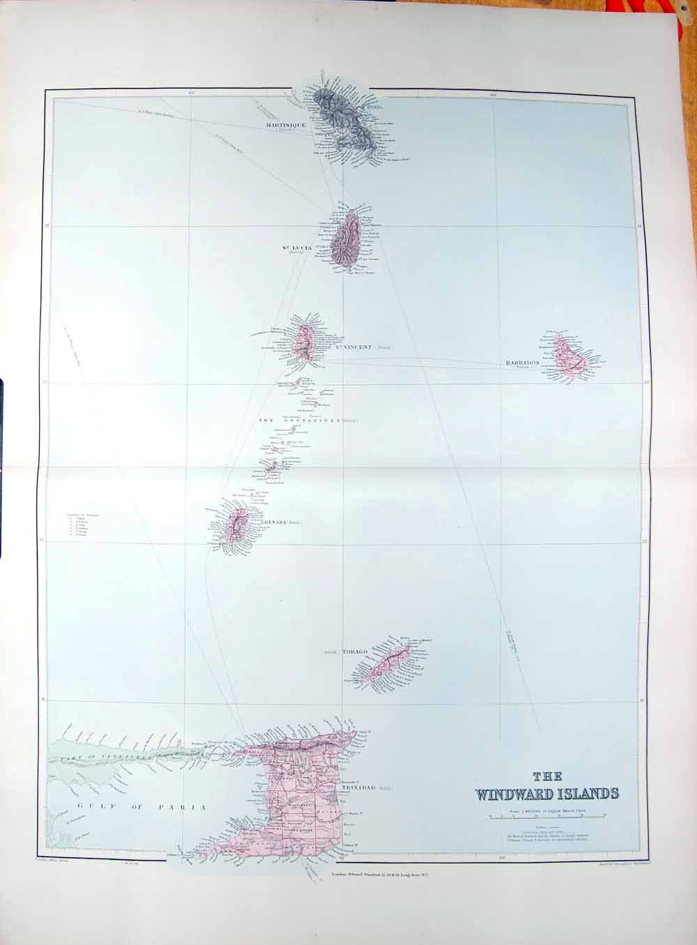 Original Old Antique Print Stanford Map 1904 Windward Islands Lucia Trinidad