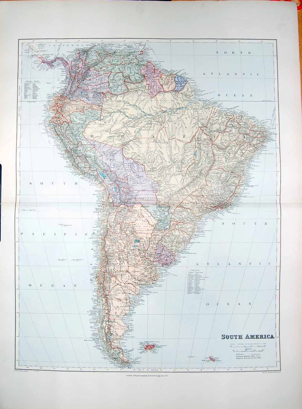 Original Old Antique Print Stanford Map 1904 South America Falkland Brazil 20th