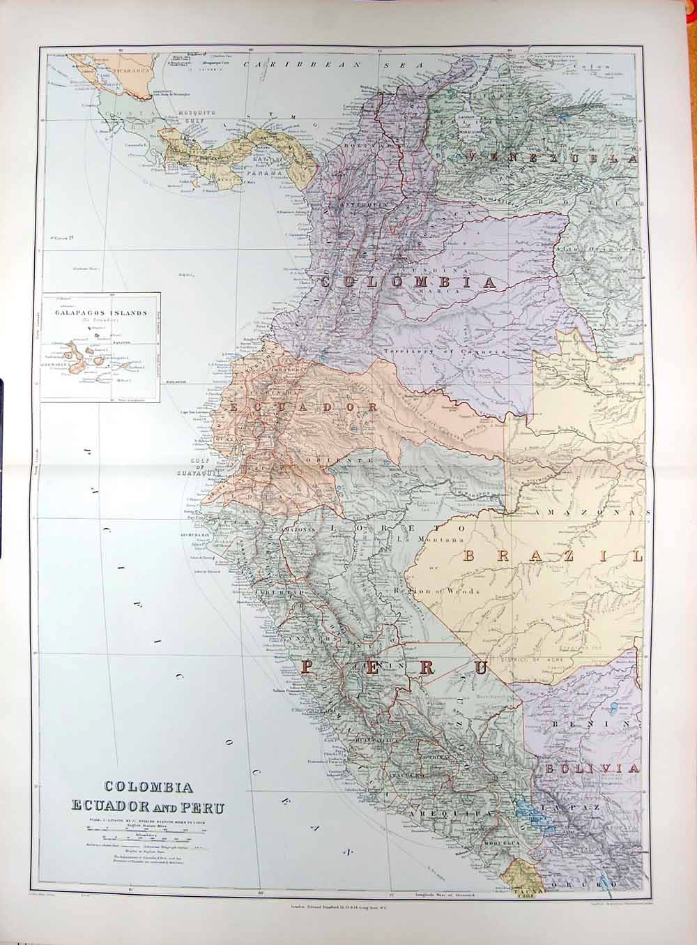 Original Old Antique Print Stanford Map 1904 Colombia Equador Peru South America