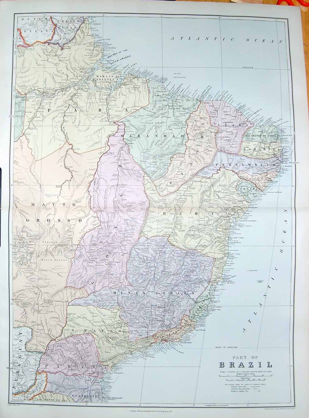 Original Old Antique Print Stanford Map 1904 Brazil South America Capricorn 20th