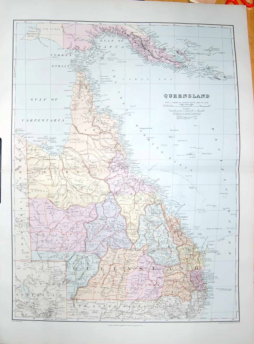 Original Old Antique Print Stanford Map 1904 Queensland Australia Brisbane 20th