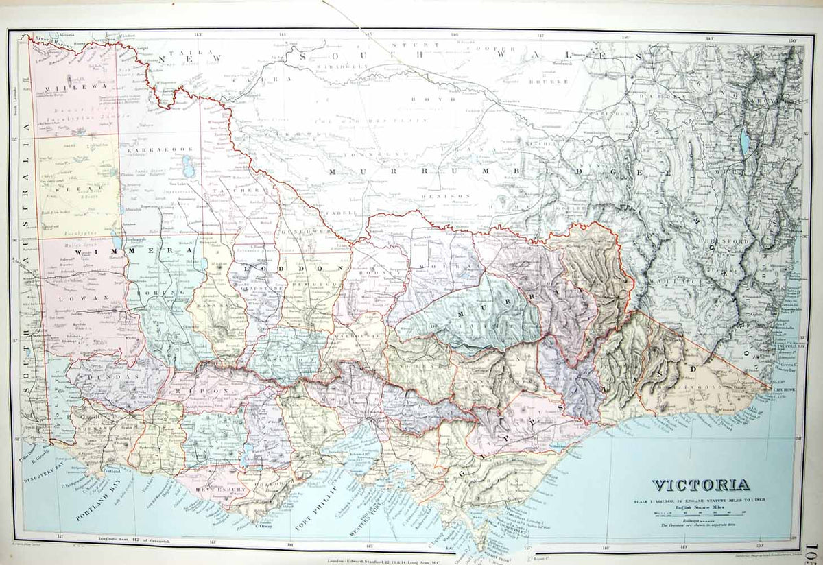 Original Old Antique Print Stanford Map 1904 Victoria Australia Port Phillip