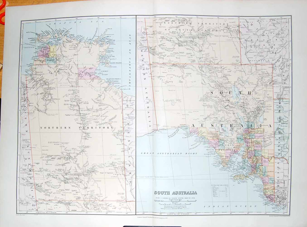 Original Old Antique Print Stanford Map 1904 South Australia Kangaroo Fowler