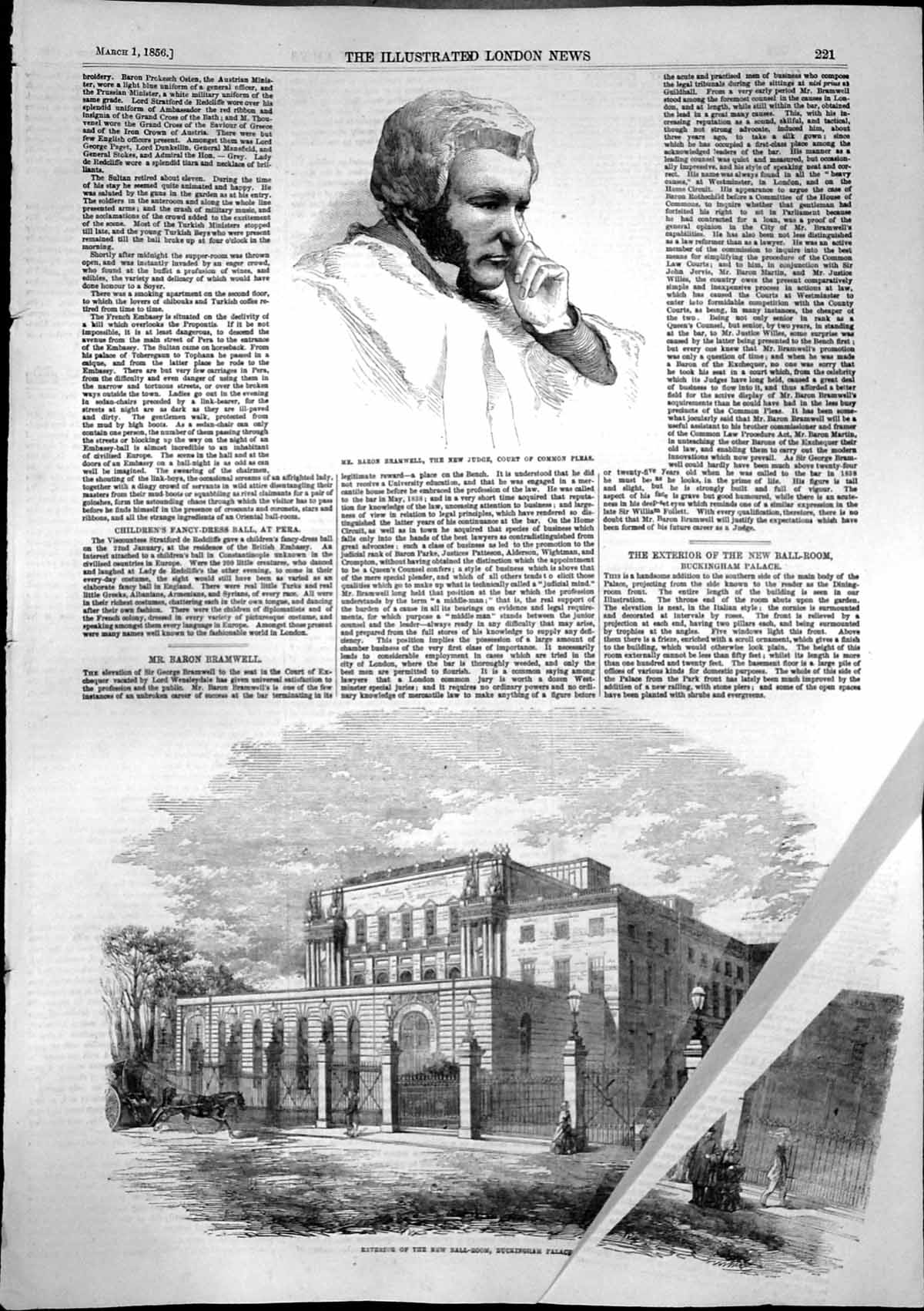 Antique Old Print New Ball-Room Buckingham Palace Baron Bramwell Judge 1856