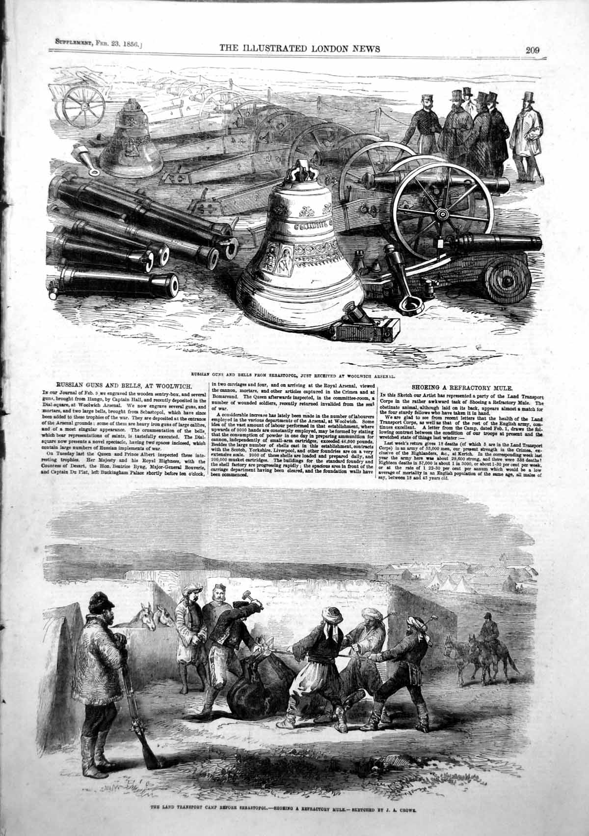 Antique Old Print Russian Guns Bells Sebastopol Land Transport Camp Mule 1856