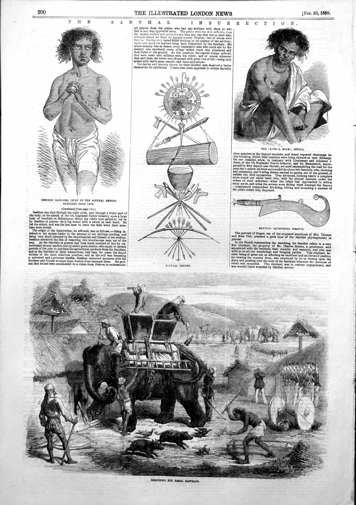 Antique Old Print Santhal Insurrection Searching Rebel Santhals Chief 1856 19th