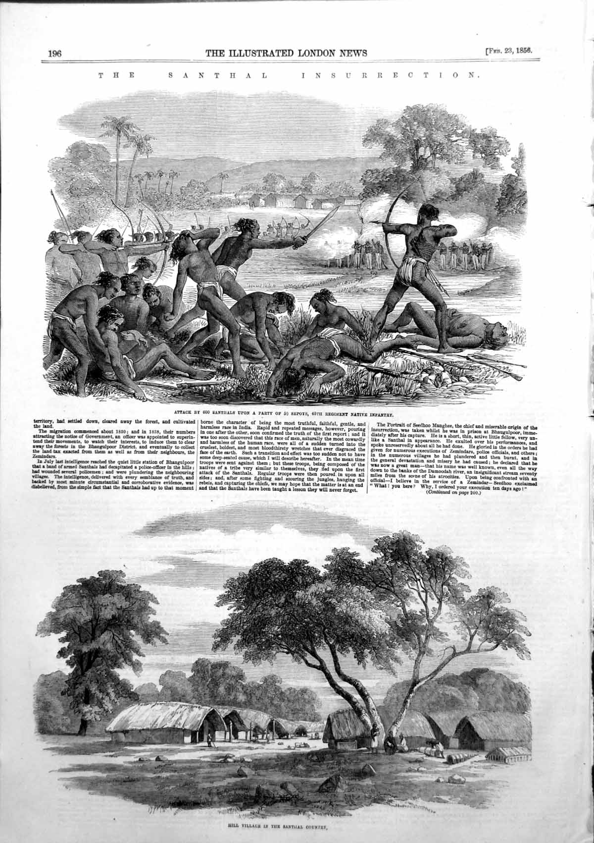 Old Santhal Insurrection Attack 50 Native Infantry Hill Village 1856