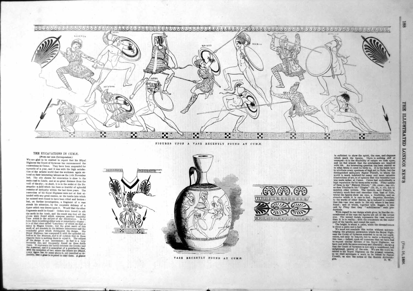 Antique Old Print Excavation Cumae Recently Found Vase Figures On Vase 1856