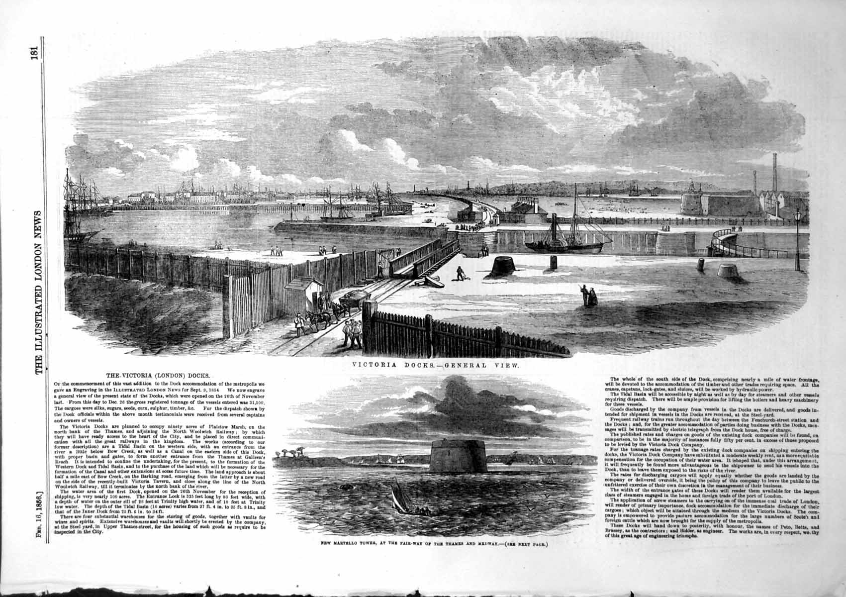 Antique Old Print Victoria Docks New Martello Tower Fairway Thames Medway1856