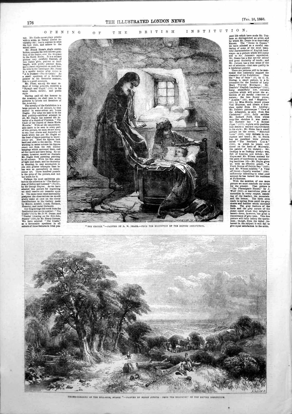 Old Print British Institution Cradle D Deane Timber Clearing Sussex 1856 19th