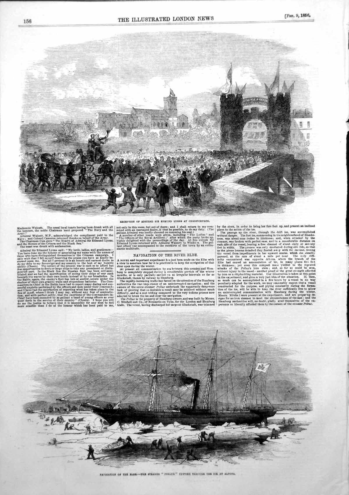 Antique Print Sir Edmund Lyons Christchurch Steamer Pollux Ice Altona 1856 19th