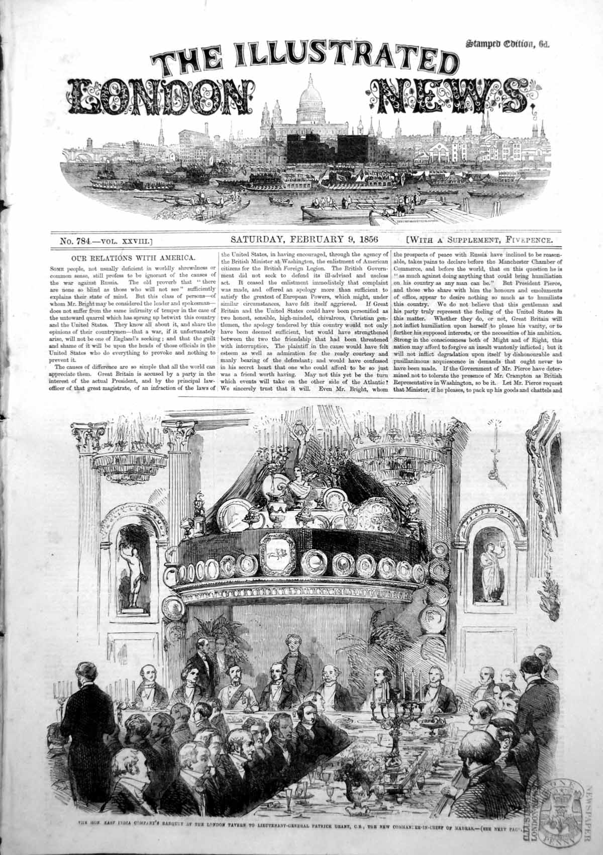 Antique Old Print India Co Banquet London Tavern Lieut Gen Patrick Grant 1856