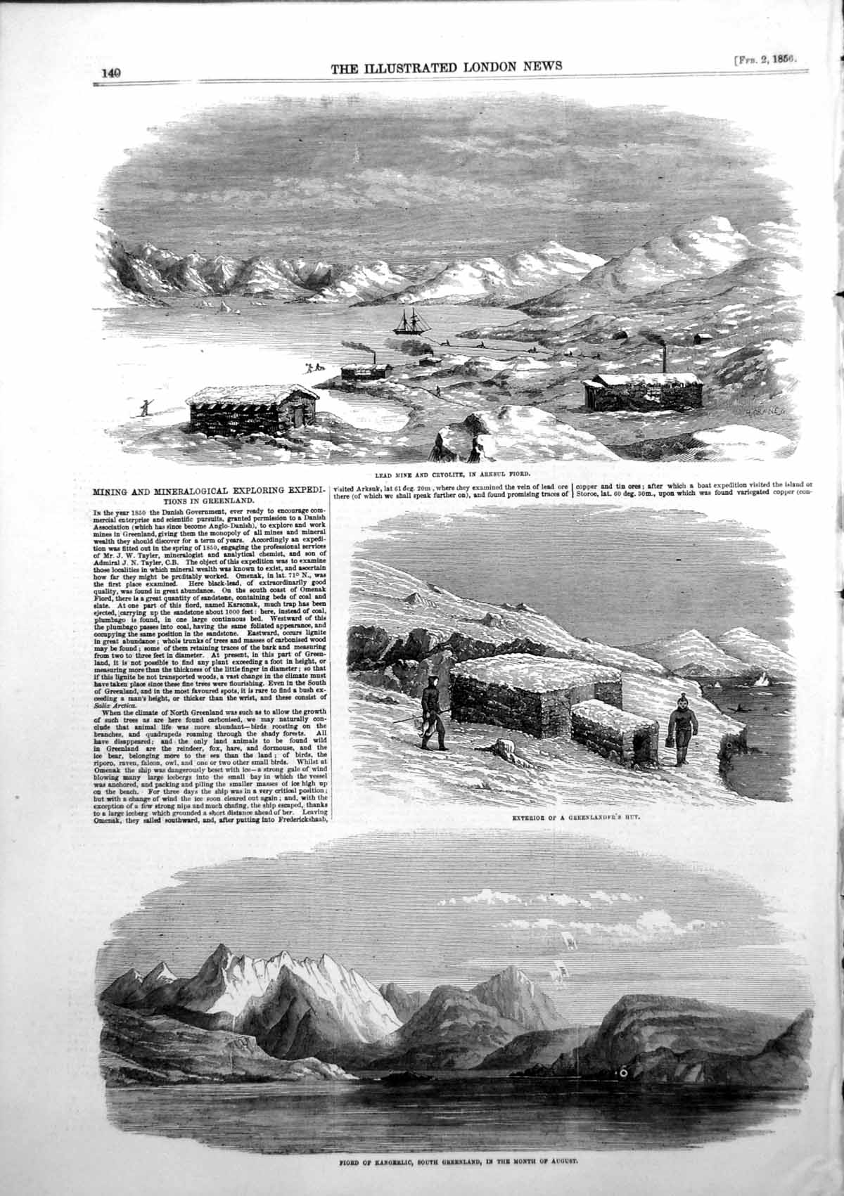 Antique Old Print Mining Expedition Greenland Lead Mine Fiord Kangerlic 1856