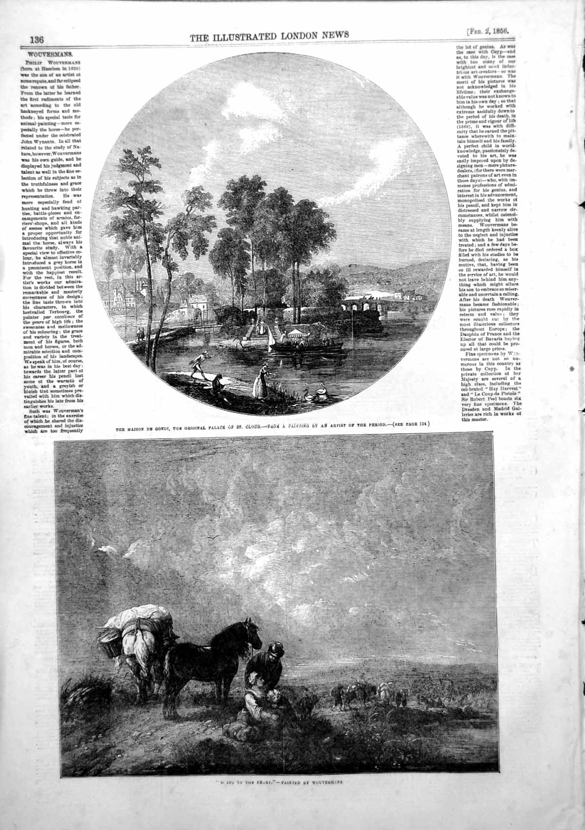 Antique Old Print Maison De Gondi Palace St Cloud Going Ferry Wounermans 1856